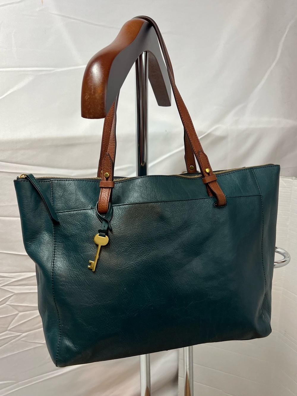 Fossil Teal Green Leather Large Top Zip Tote Shoulder Bag Purse